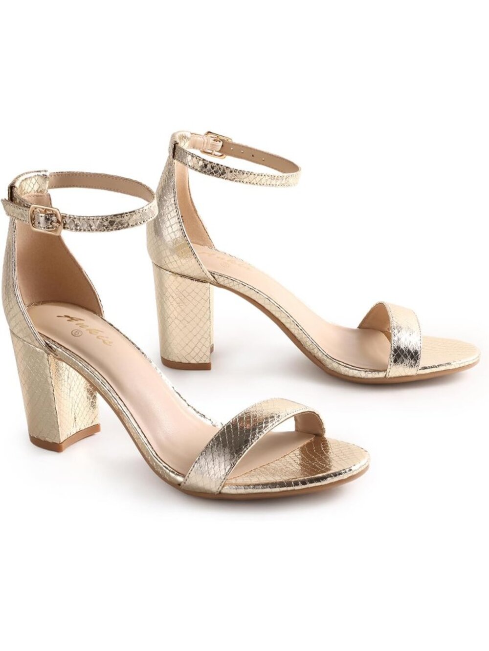 Womens Metallic Gold Polyurethane Open Toe Ankle Strap 2.75 Inch Heeled Sandal